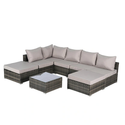 Ensemble de canapé d'angle extérieur 8 pièces, salon de jardin en osier toutes saisons avec table basse et 2 oreillers