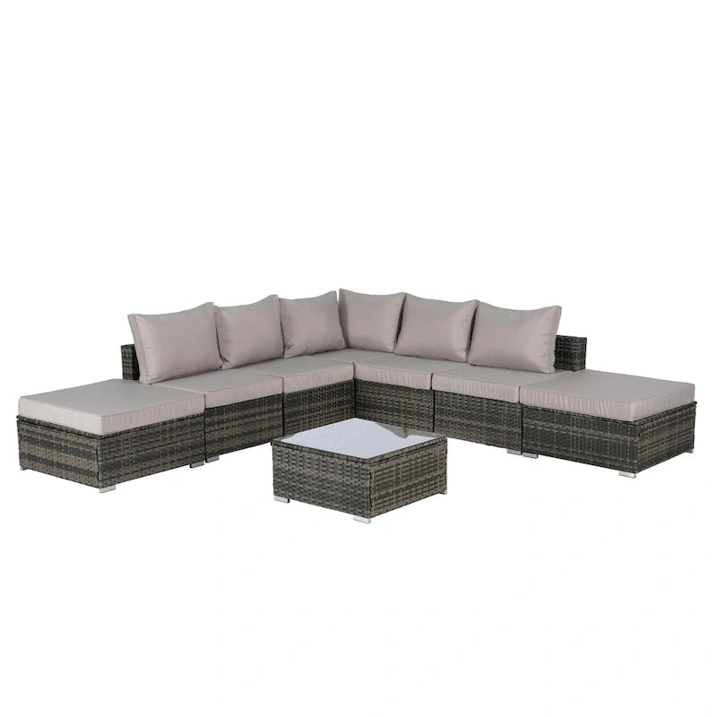 Ensemble de canapé d'angle extérieur 8 pièces, salon de jardin en osier toutes saisons avec table basse et 2 oreillers