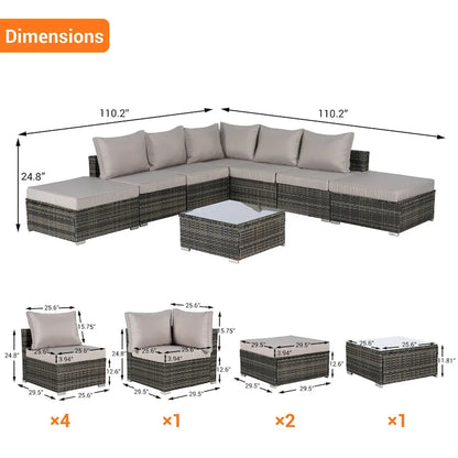 Ensemble de canapé d'angle extérieur 8 pièces, salon de jardin en osier toutes saisons avec table basse et 2 oreillers