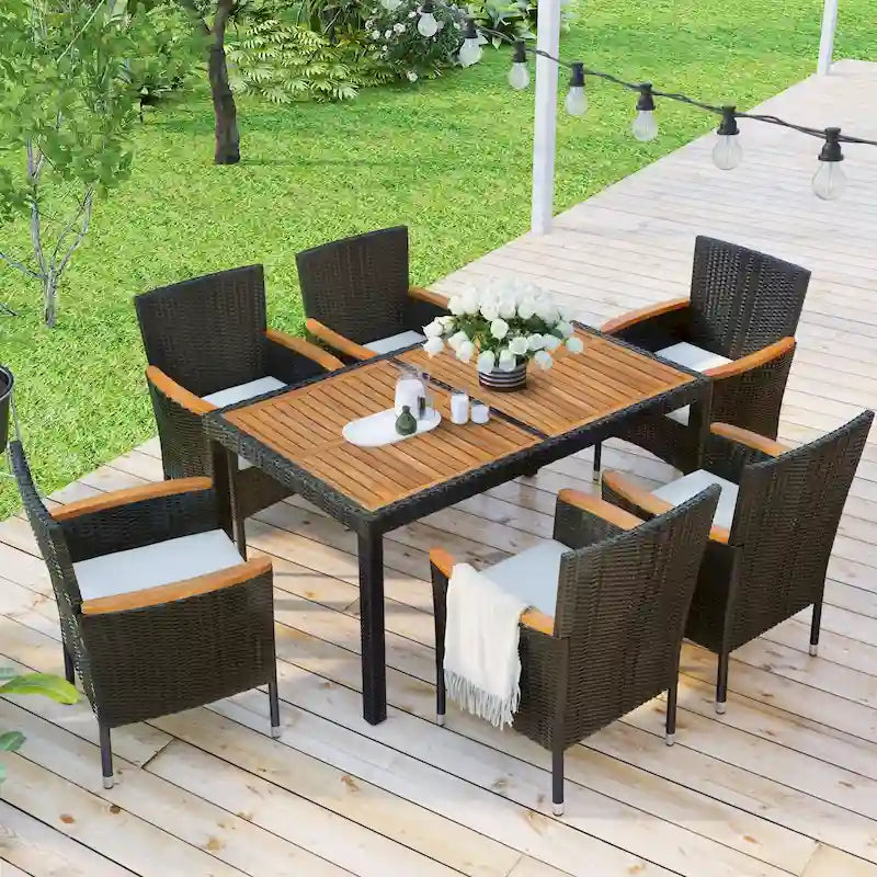 Ensemble de salle à manger d'extérieur 7 pièces, table de salle à manger en osier avec plateau en bois, salon de jardin avec coussins moelleux