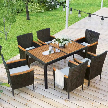 7-Pcs Outdoor Dining Set, Wicker Dining Table with Wooden Table Top, Patio Conversation Set with Soft Cushions