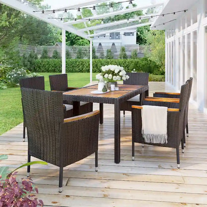 Ensemble de salle à manger d'extérieur 7 pièces, table de salle à manger en osier avec plateau en bois, salon de jardin avec coussins moelleux