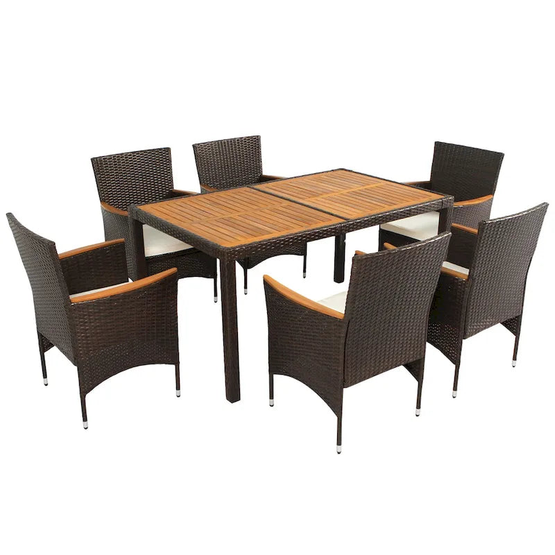 Ensemble de salle à manger d'extérieur 7 pièces, table de salle à manger en osier avec plateau en bois, salon de jardin avec coussins moelleux