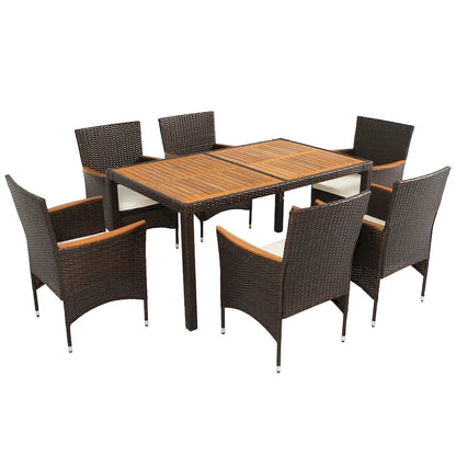 Ensemble de salle à manger d'extérieur 7 pièces, table de salle à manger en osier avec plateau en bois, salon de jardin avec coussins moelleux