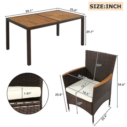 Ensemble de salle à manger d'extérieur 7 pièces, table de salle à manger en osier avec plateau en bois, salon de jardin avec coussins moelleux