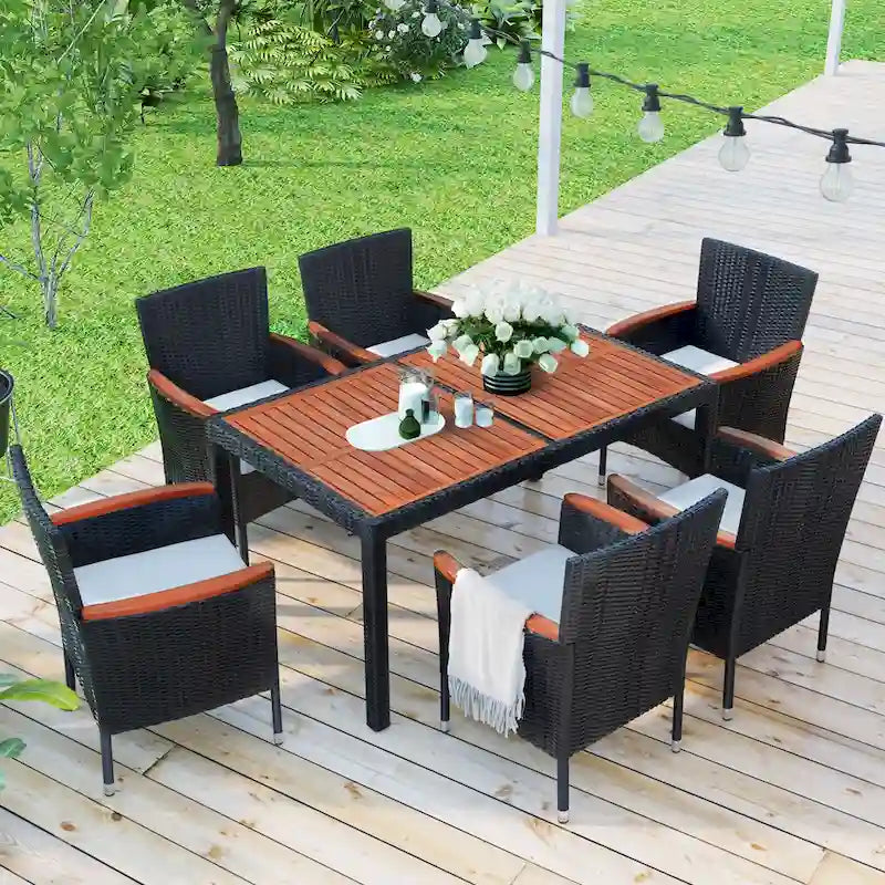 Ensemble de salle à manger d'extérieur 7 pièces, table de salle à manger en osier avec plateau en bois, salon de jardin avec coussins moelleux