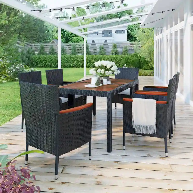 Ensemble de salle à manger d'extérieur 7 pièces, table de salle à manger en osier avec plateau en bois, salon de jardin avec coussins moelleux