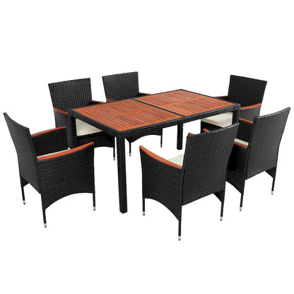Ensemble de salle à manger d'extérieur 7 pièces, table de salle à manger en osier avec plateau en bois, salon de jardin avec coussins moelleux