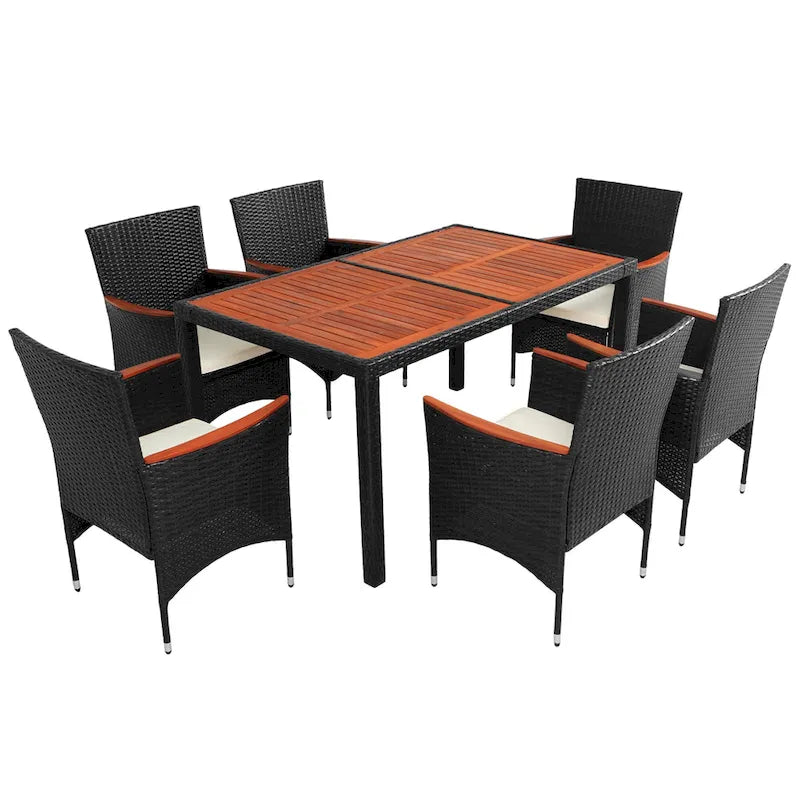 Ensemble de salle à manger d'extérieur 7 pièces, table de salle à manger en osier avec plateau en bois, salon de jardin avec coussins moelleux