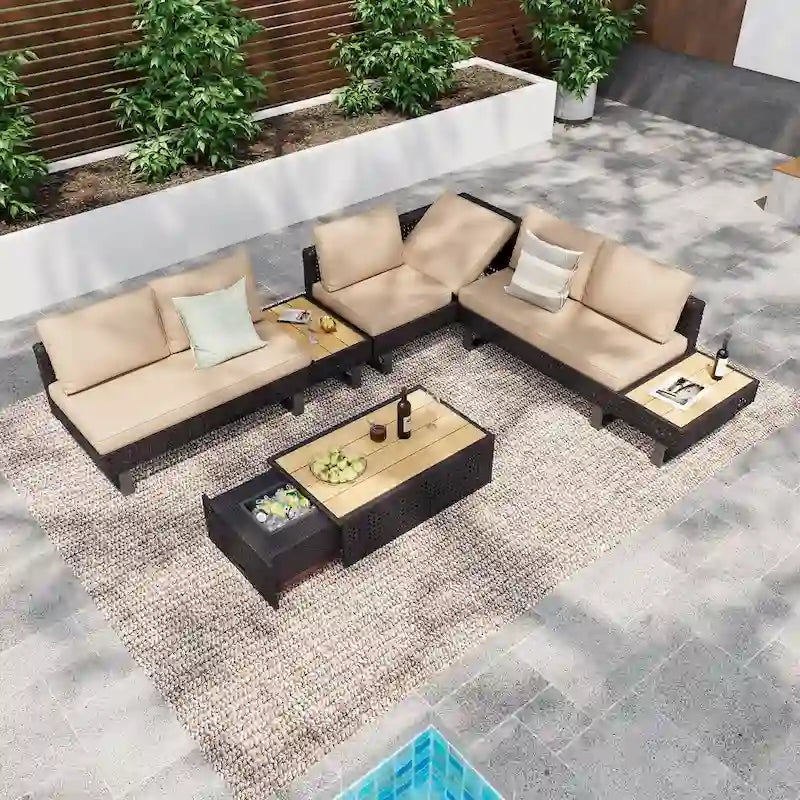 Ensemble de canapé d'angle d'extérieur en rotin 6 pièces avec siège réglable et table avec bac à glaçons