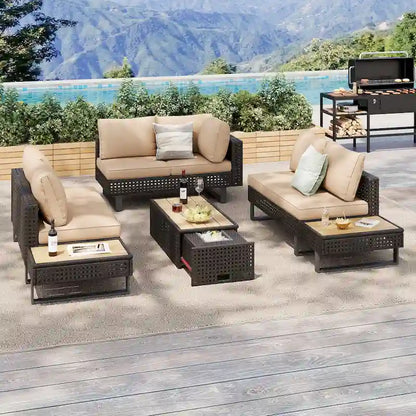 Ensemble de canapé d'angle d'extérieur en rotin 6 pièces avec siège réglable et table avec bac à glaçons
