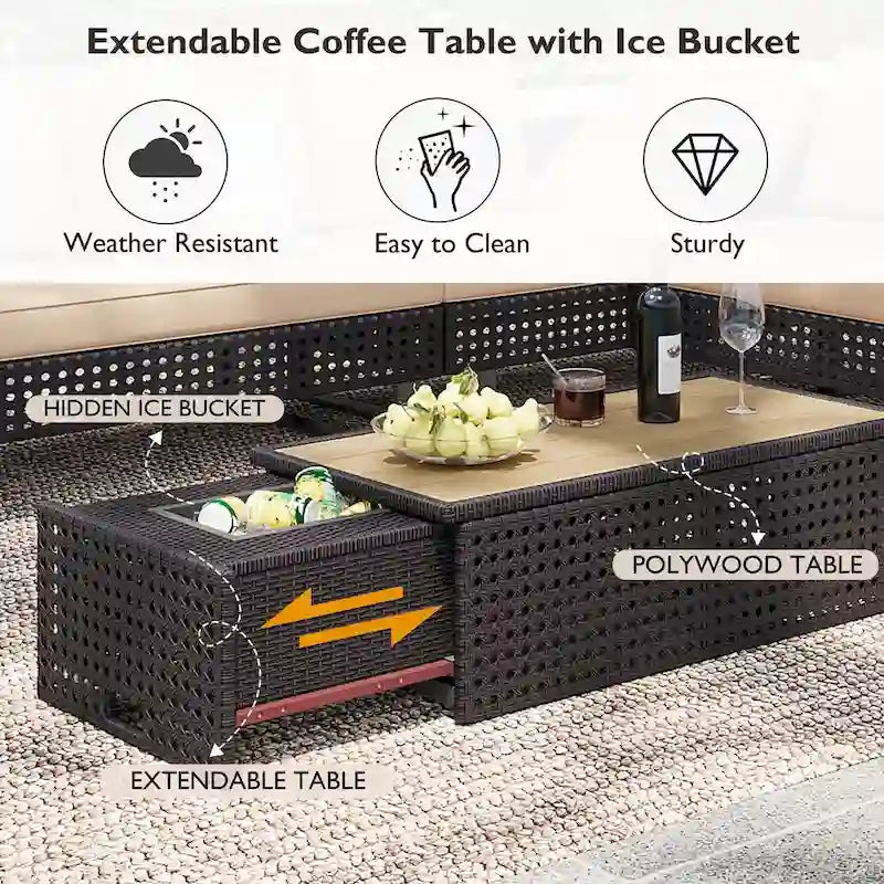 Ensemble de canapé d'angle d'extérieur en rotin 6 pièces avec siège réglable et table avec bac à glaçons