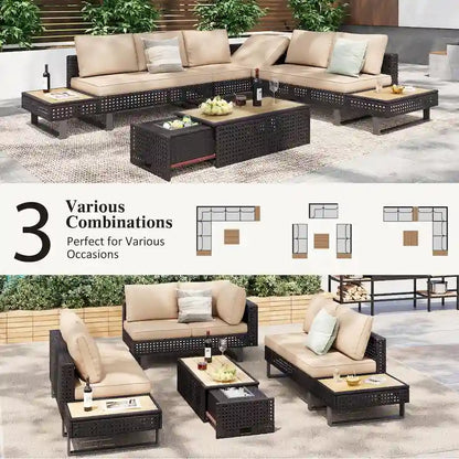 Ensemble de canapé d'angle d'extérieur en rotin 6 pièces avec siège réglable et table avec bac à glaçons