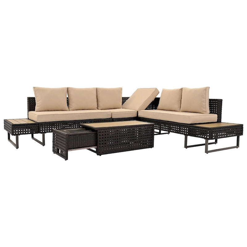 Ensemble de canapé d'angle d'extérieur en rotin 6 pièces avec siège réglable et table avec bac à glaçons