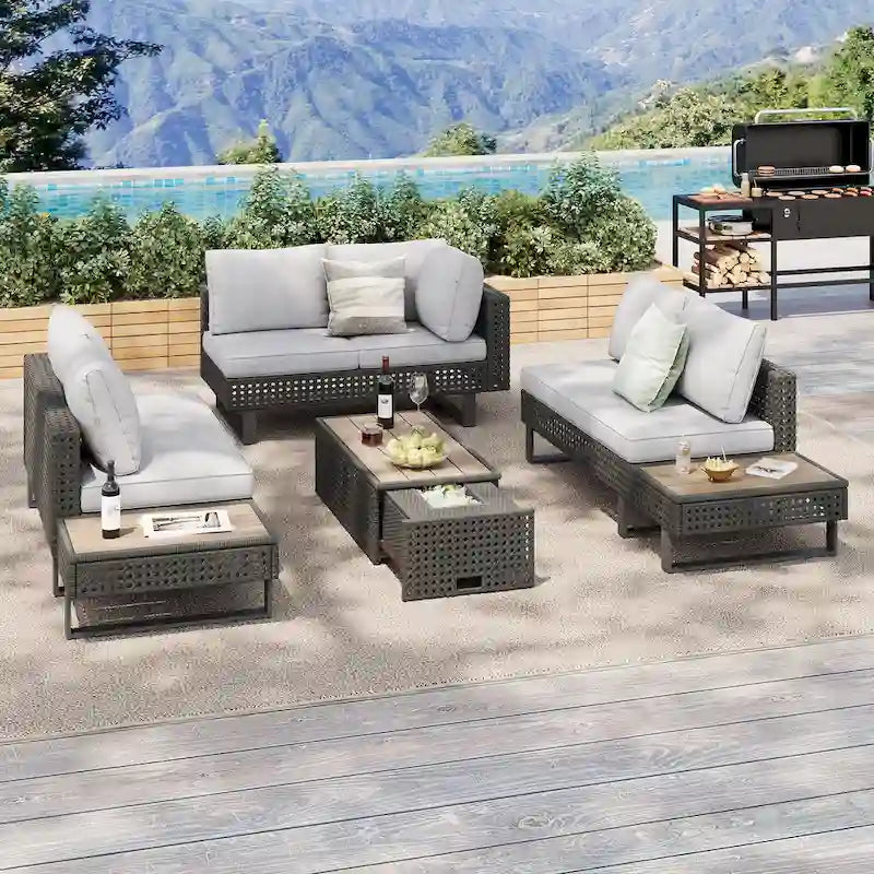 Ensemble de canapé d'angle d'extérieur en rotin 6 pièces avec siège réglable et table avec bac à glaçons