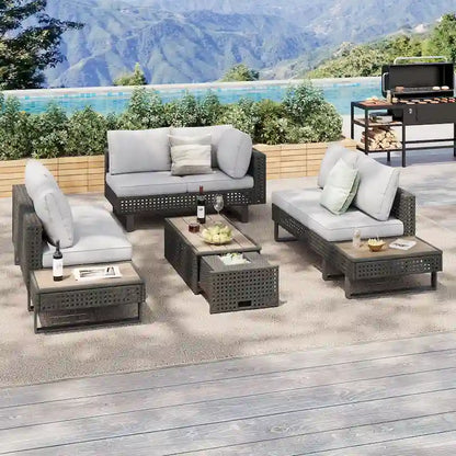 Ensemble de canapé d'angle d'extérieur en rotin 6 pièces avec siège réglable et table avec bac à glaçons