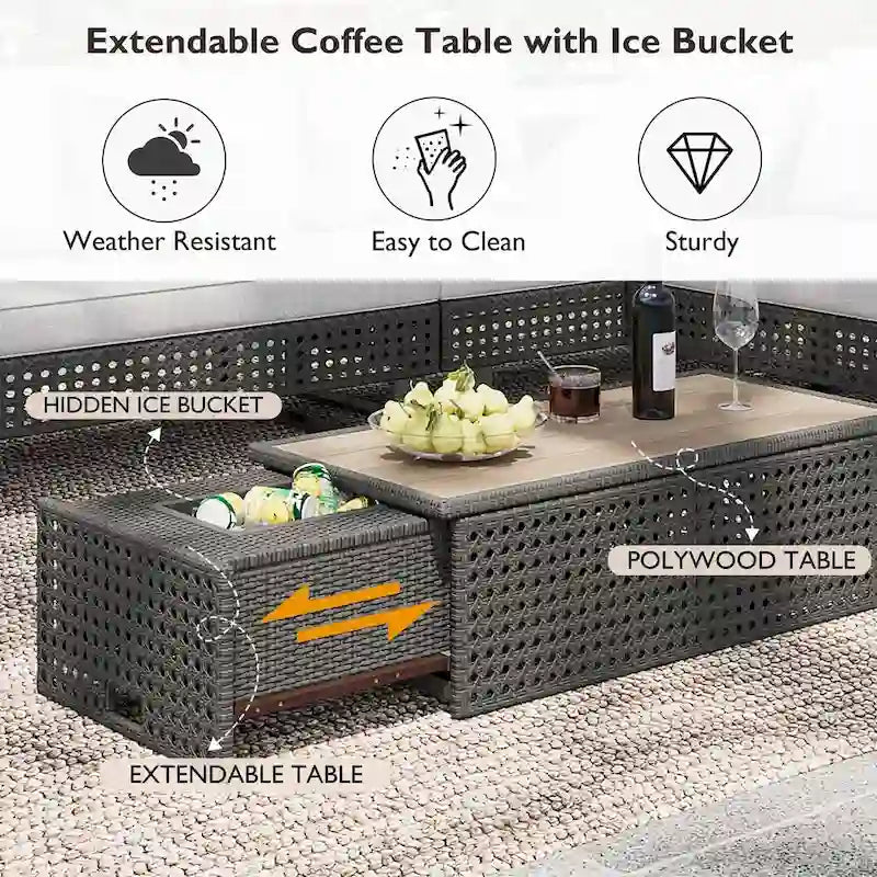 Ensemble de canapé d'angle d'extérieur en rotin 6 pièces avec siège réglable et table avec bac à glaçons