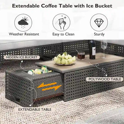 Ensemble de canapé d'angle d'extérieur en rotin 6 pièces avec siège réglable et table avec bac à glaçons