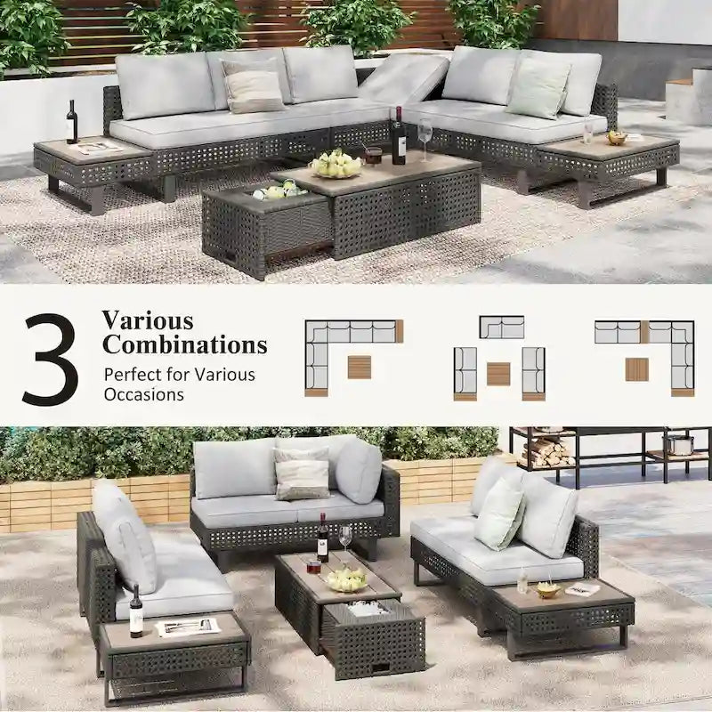 Ensemble de canapé d'angle d'extérieur en rotin 6 pièces avec siège réglable et table avec bac à glaçons
