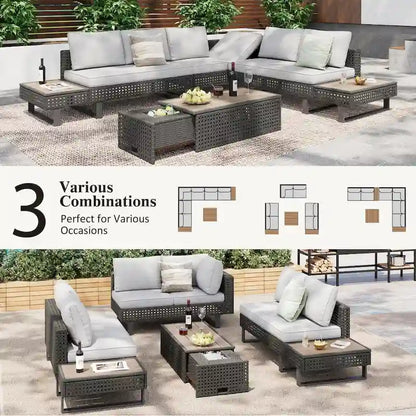 Ensemble de canapé d'angle d'extérieur en rotin 6 pièces avec siège réglable et table avec bac à glaçons