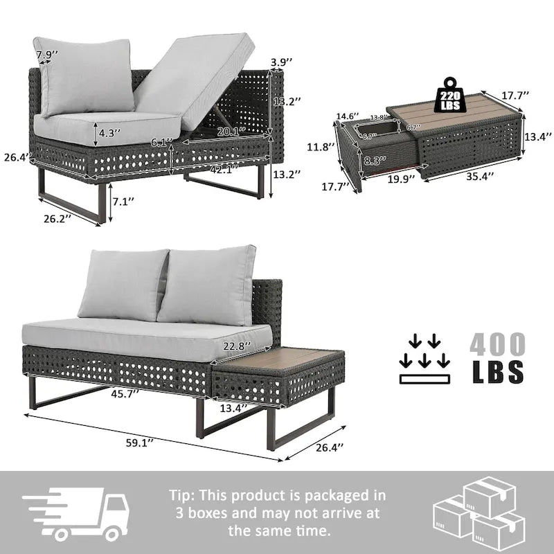 Ensemble de canapé d'angle d'extérieur en rotin 6 pièces avec siège réglable et table avec bac à glaçons