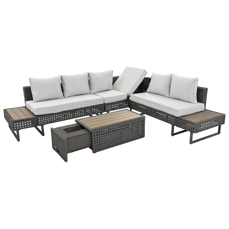 Ensemble de canapé d'angle d'extérieur en rotin 6 pièces avec siège réglable et table avec bac à glaçons