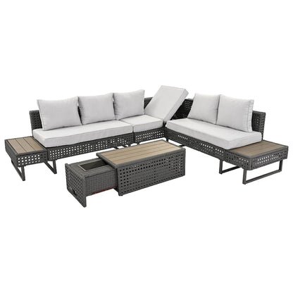 Ensemble de canapé d'angle d'extérieur en rotin 6 pièces avec siège réglable et table avec bac à glaçons