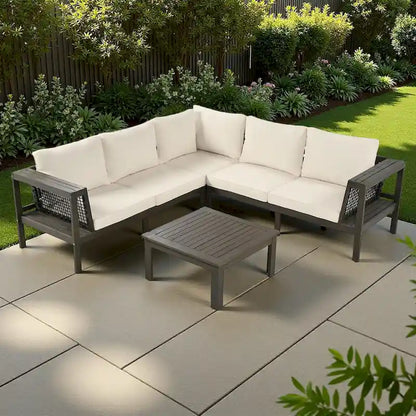 Ensemble de canapé d'angle en acacia 4 pièces avec table basse et table d'appoint