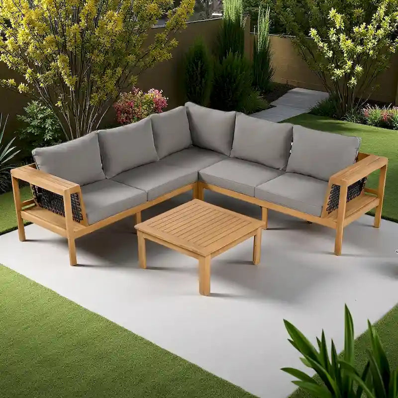 Ensemble de canapé d'angle en acacia 4 pièces avec table basse et table d'appoint