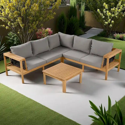Ensemble de canapé d'angle en acacia 4 pièces avec table basse et table d'appoint