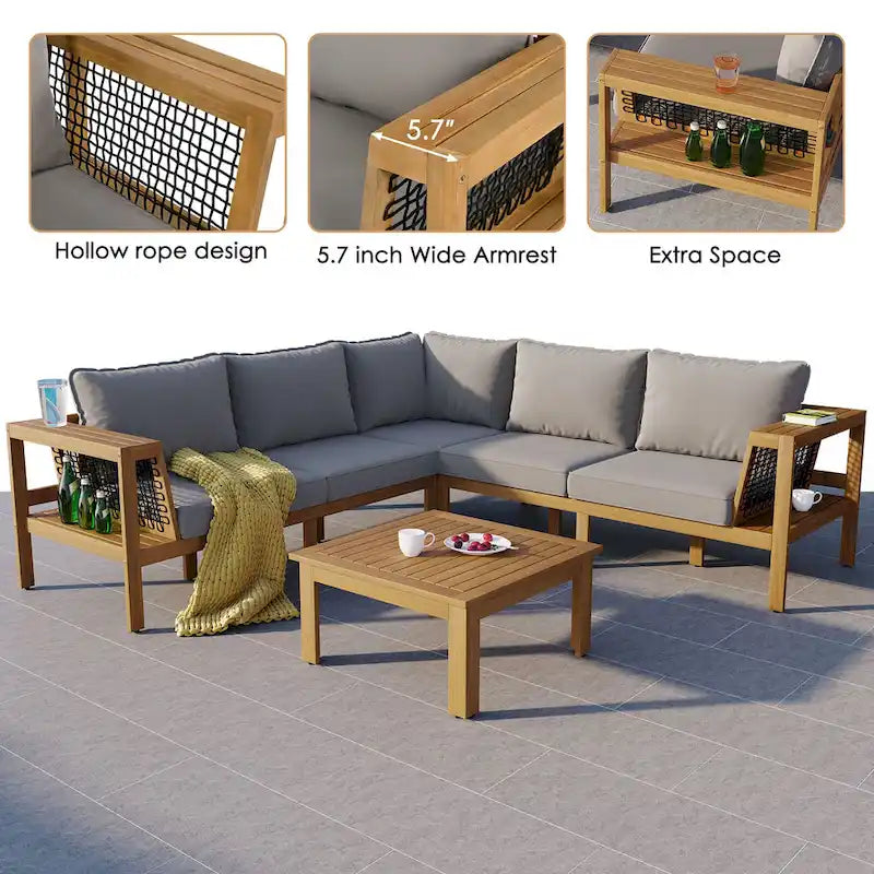 Ensemble de canapé d'angle en acacia 4 pièces avec table basse et table d'appoint