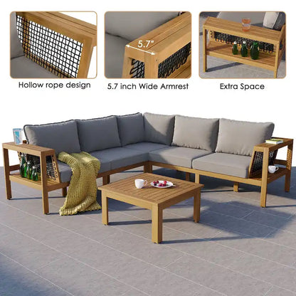 Ensemble de canapé d'angle en acacia 4 pièces avec table basse et table d'appoint