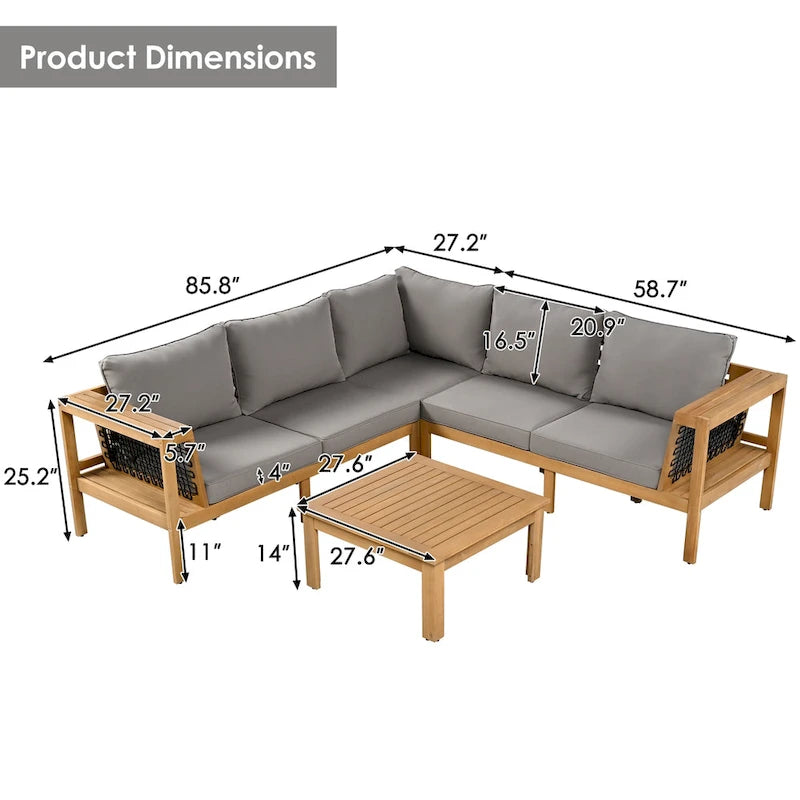 Ensemble de canapé d'angle en acacia 4 pièces avec table basse et table d'appoint