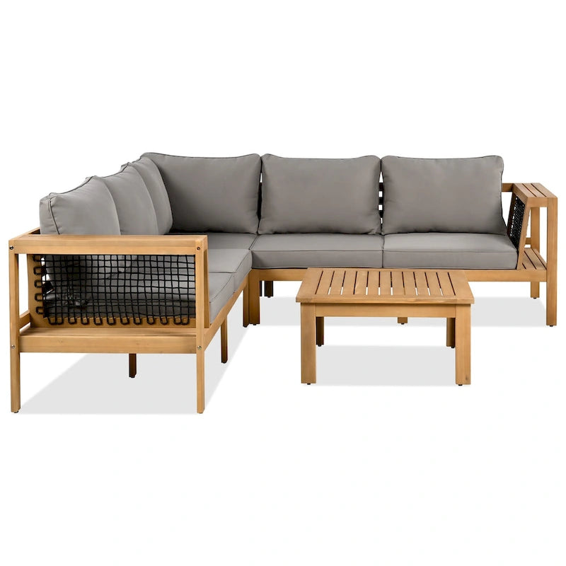 Ensemble de canapé d'angle en acacia 4 pièces avec table basse et table d'appoint