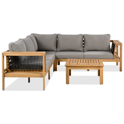 Ensemble de canapé d'angle en acacia 4 pièces avec table basse et table d'appoint