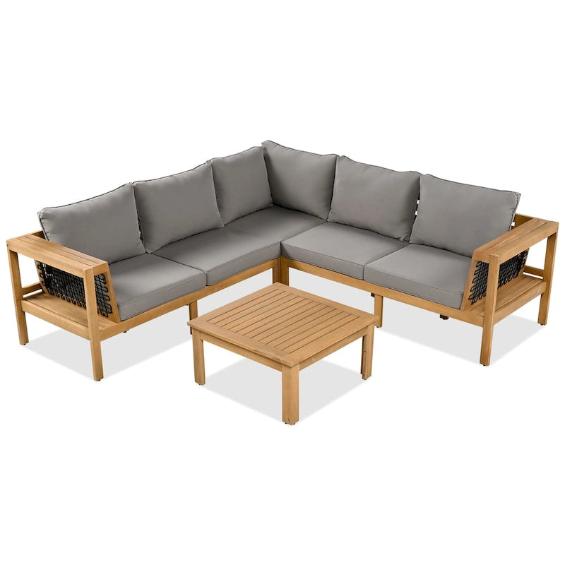 Ensemble de canapé d'angle en acacia 4 pièces avec table basse et table d'appoint