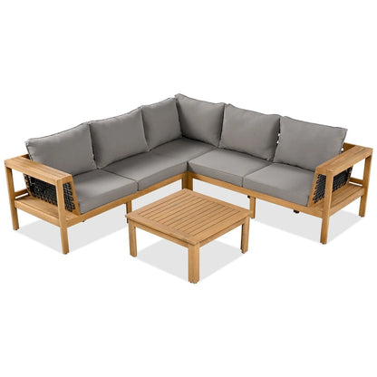 Ensemble de canapé d'angle en acacia 4 pièces avec table basse et table d'appoint