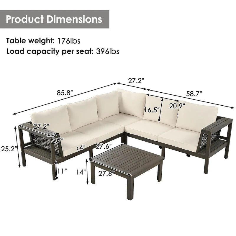 Ensemble de canapé d'angle en acacia 4 pièces avec table basse et table d'appoint