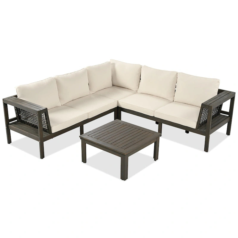 Ensemble de canapé d'angle en acacia 4 pièces avec table basse et table d'appoint