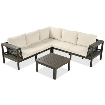 Ensemble de canapé d'angle en acacia 4 pièces avec table basse et table d'appoint