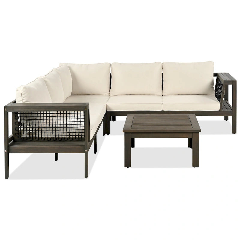 Ensemble de canapé d'angle en acacia 4 pièces avec table basse et table d'appoint