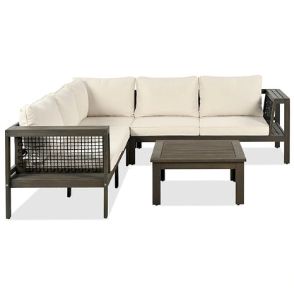 Ensemble de canapé d'angle en acacia 4 pièces avec table basse et table d'appoint