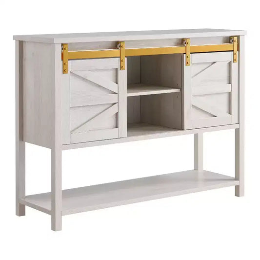 47" Quailridge Farmhouse 4 Shelf Buffet with Barn Doors White Oak - miBasics: Engineered Wood, Adjustable Storage