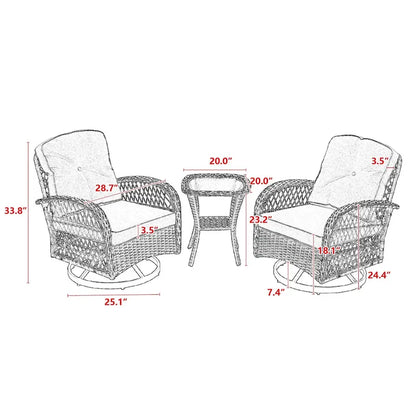 Ensemble de 3 chaises de jardin pivotantes et basculantes d'extérieur, ensemble de conversation de terrasse à 360 degrés