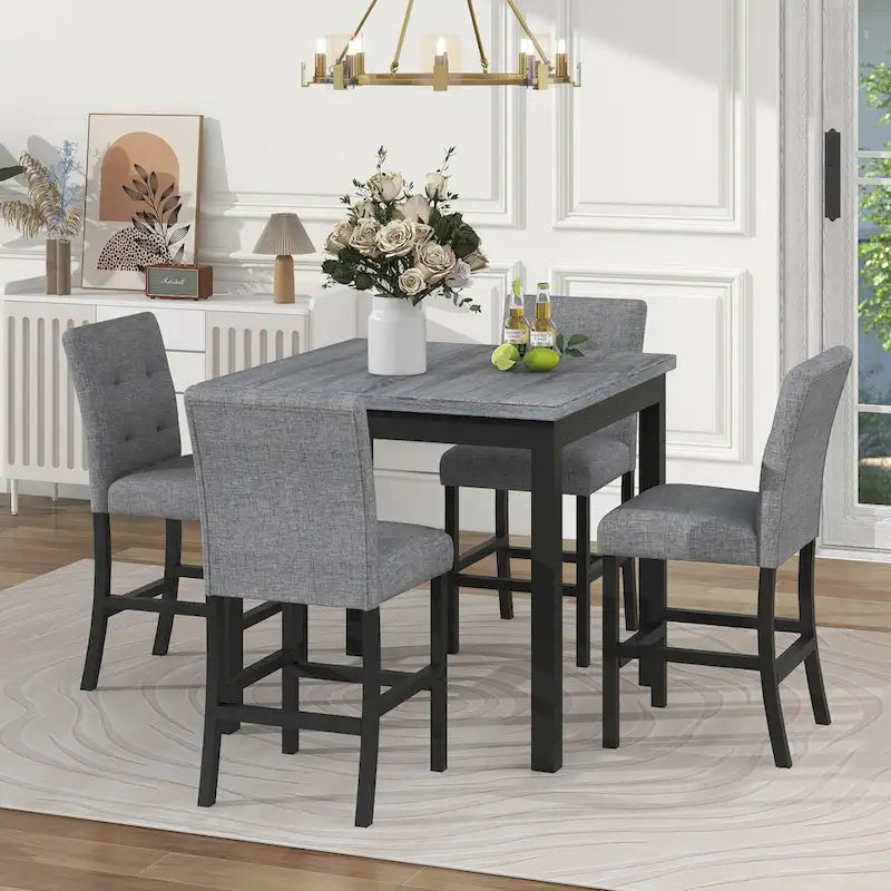 Ensemble de salle à manger 5 pièces hauteur comptoir, ensemble de table à manger en bois avec table rectangulaire et 4 chaises hautes rembourrées