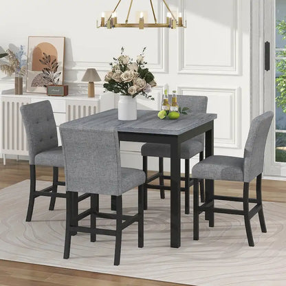 Ensemble de salle à manger 5 pièces hauteur comptoir, ensemble de table à manger en bois avec table rectangulaire et 4 chaises hautes rembourrées