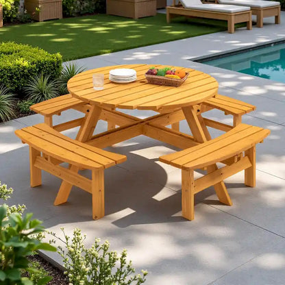 Ensemble de salle à manger rond en bois de sapin pour patio extérieur 8 personnes avec 4 bancs intégrés et trou pour parasol