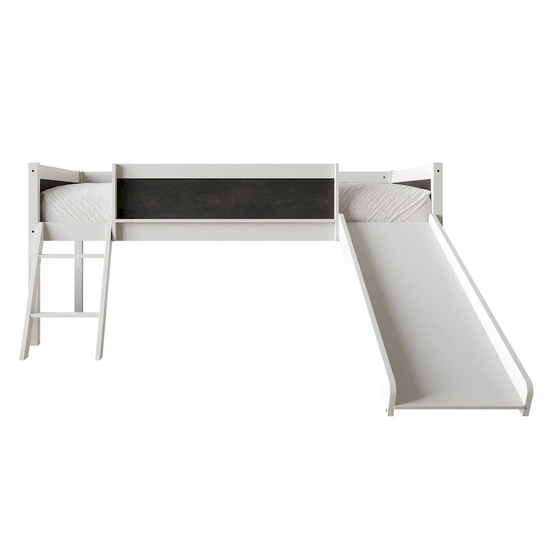 Lit mezzanine bas classique double CraftPorch avec tableau noir, toboggan et échelle