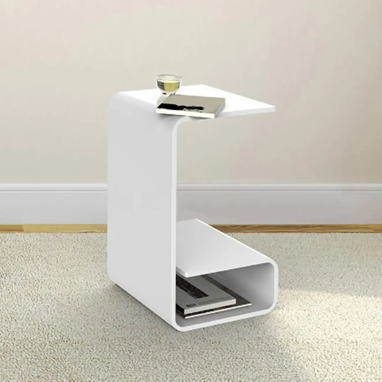 Table d'appoint minimaliste en acrylique en forme de C avec rangement