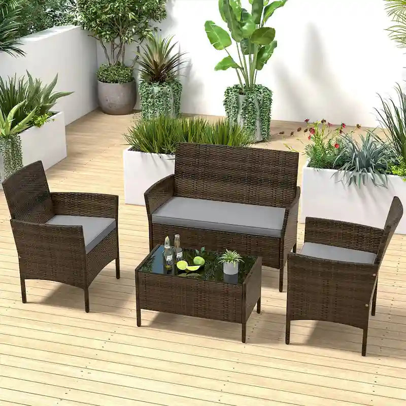 Costway Ensemble de Meubles de Jardin 4 Pièces avec Coussins Lavables et Verre Trempé - Voir les Détails